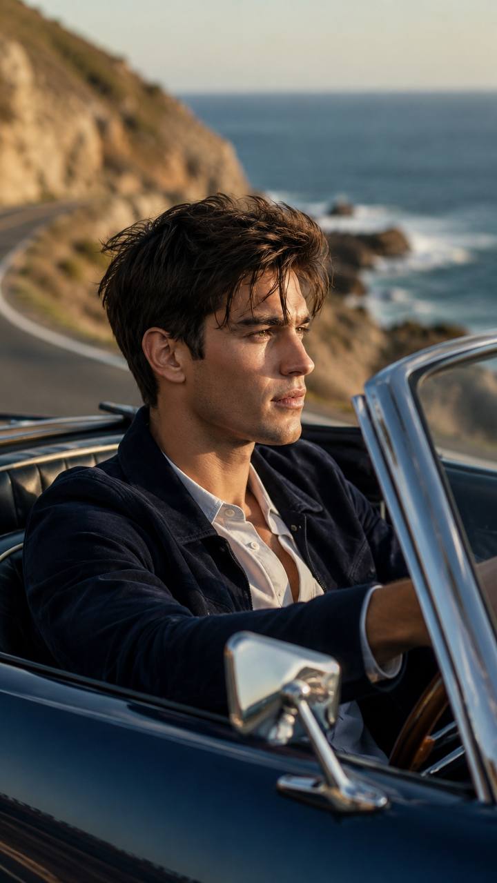 Profile at the wheel of a vintage convertible along a coastal cliff road