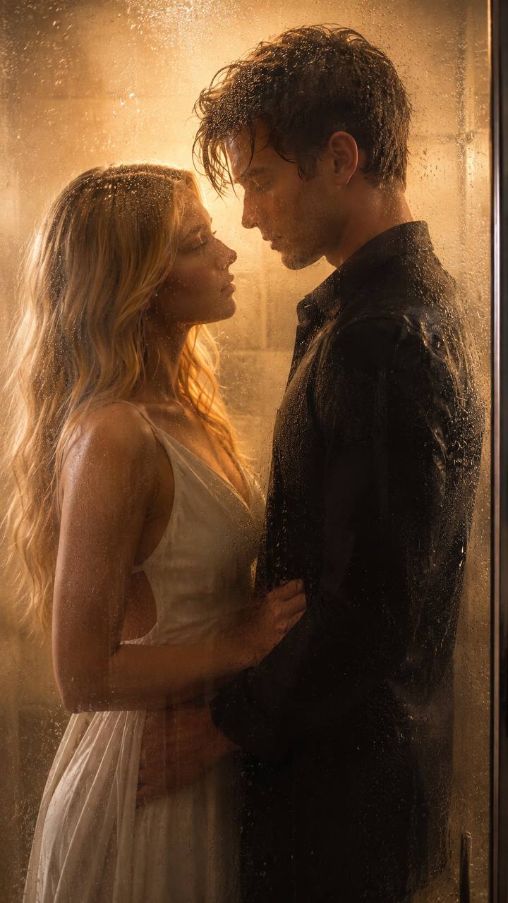 Tessa and Sam face to face behind rain-streaked glass, lit gold