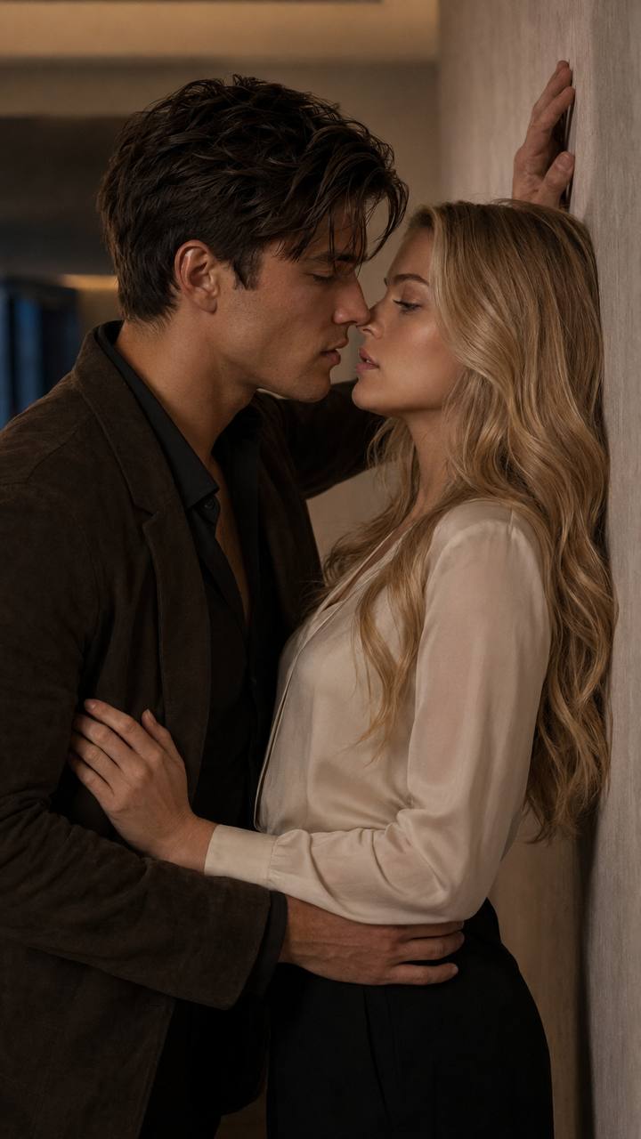 Sam and Tessa in a close embrace against a wall, foreheads almost touching