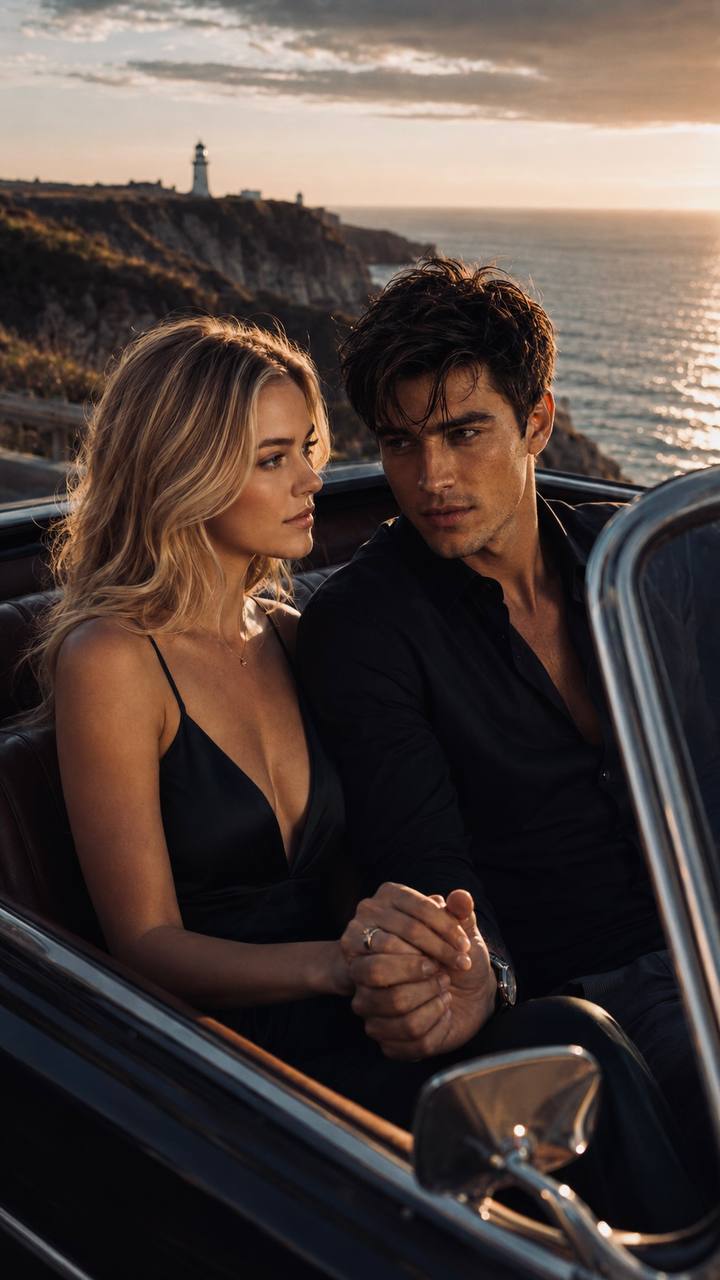 Tessa and Sam holding hands in a convertible above the sea at sunset, a lighthouse on the point