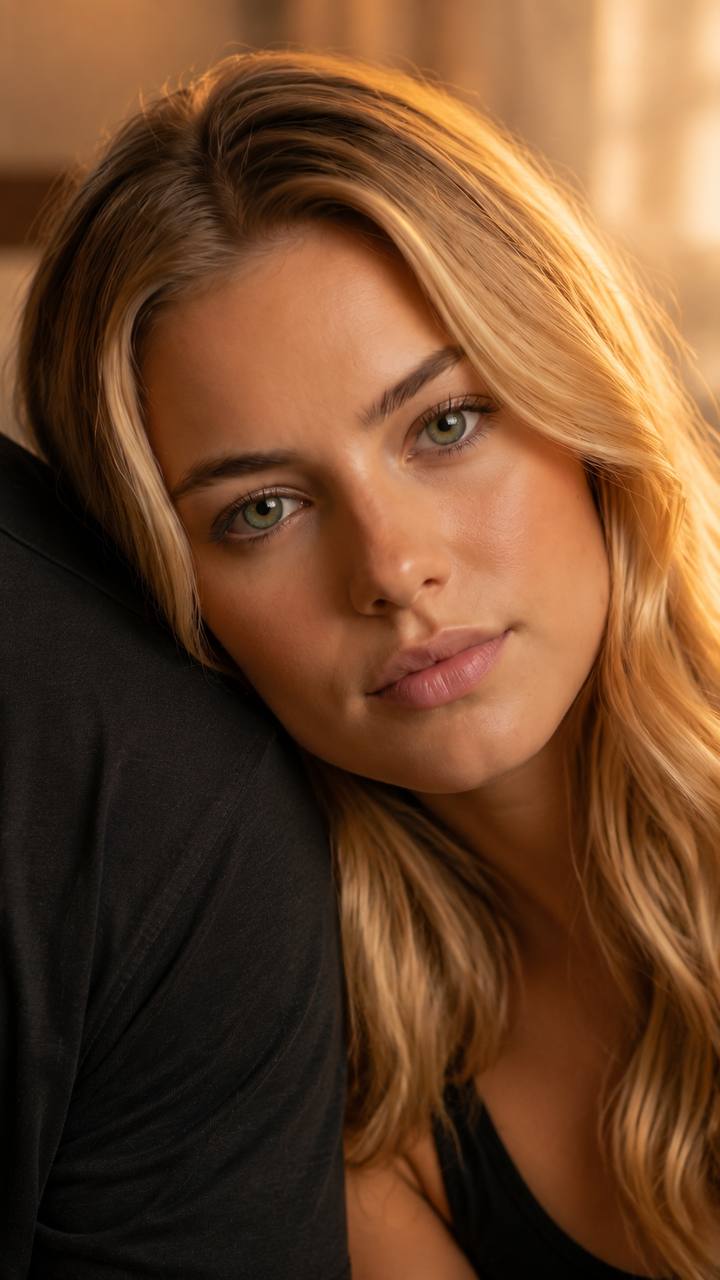 Close-up portrait in golden late-afternoon light, green eyes meeting the camera